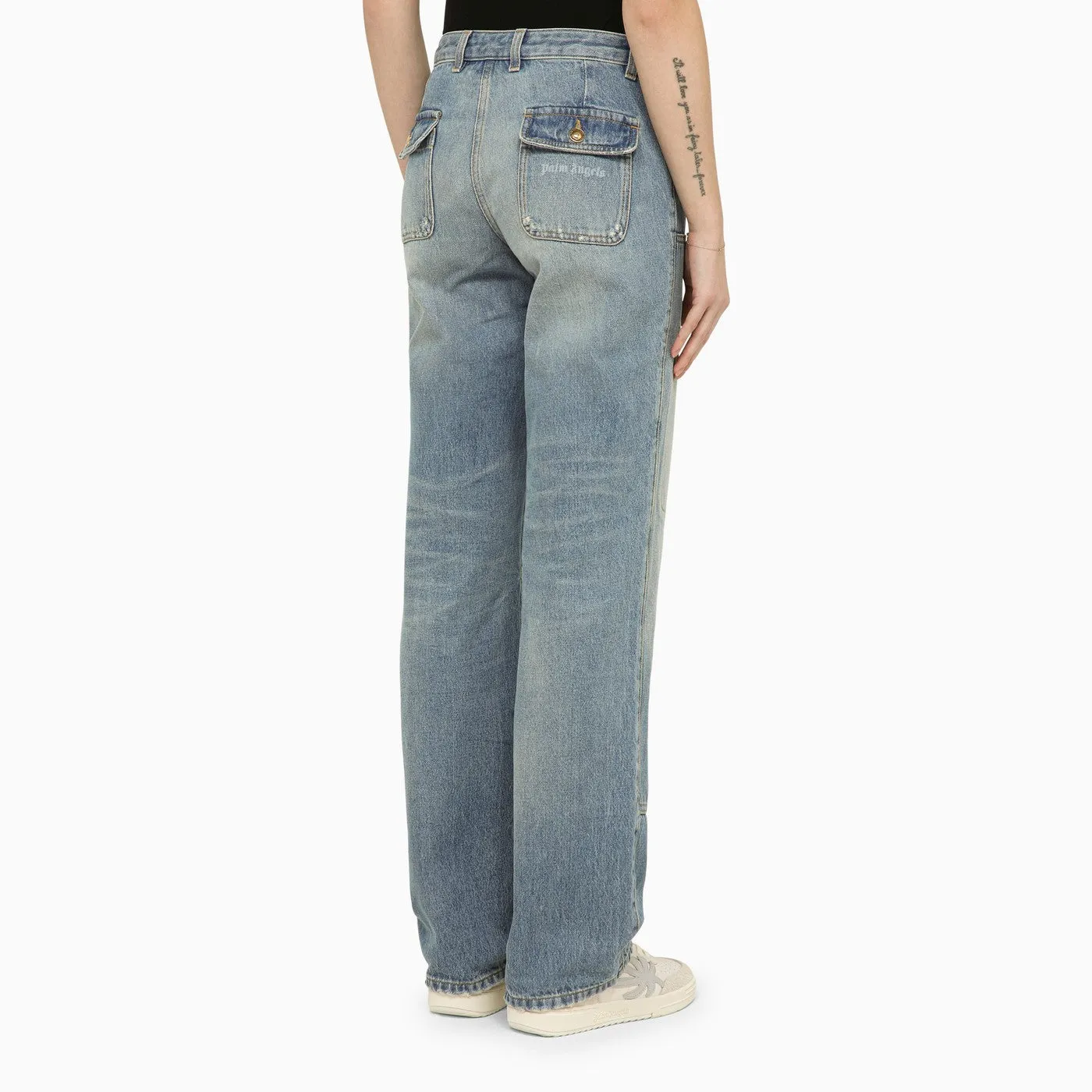 Palm Angels    Palm Angels Blue Washed Effect Multi Pocket Jeans In Denim