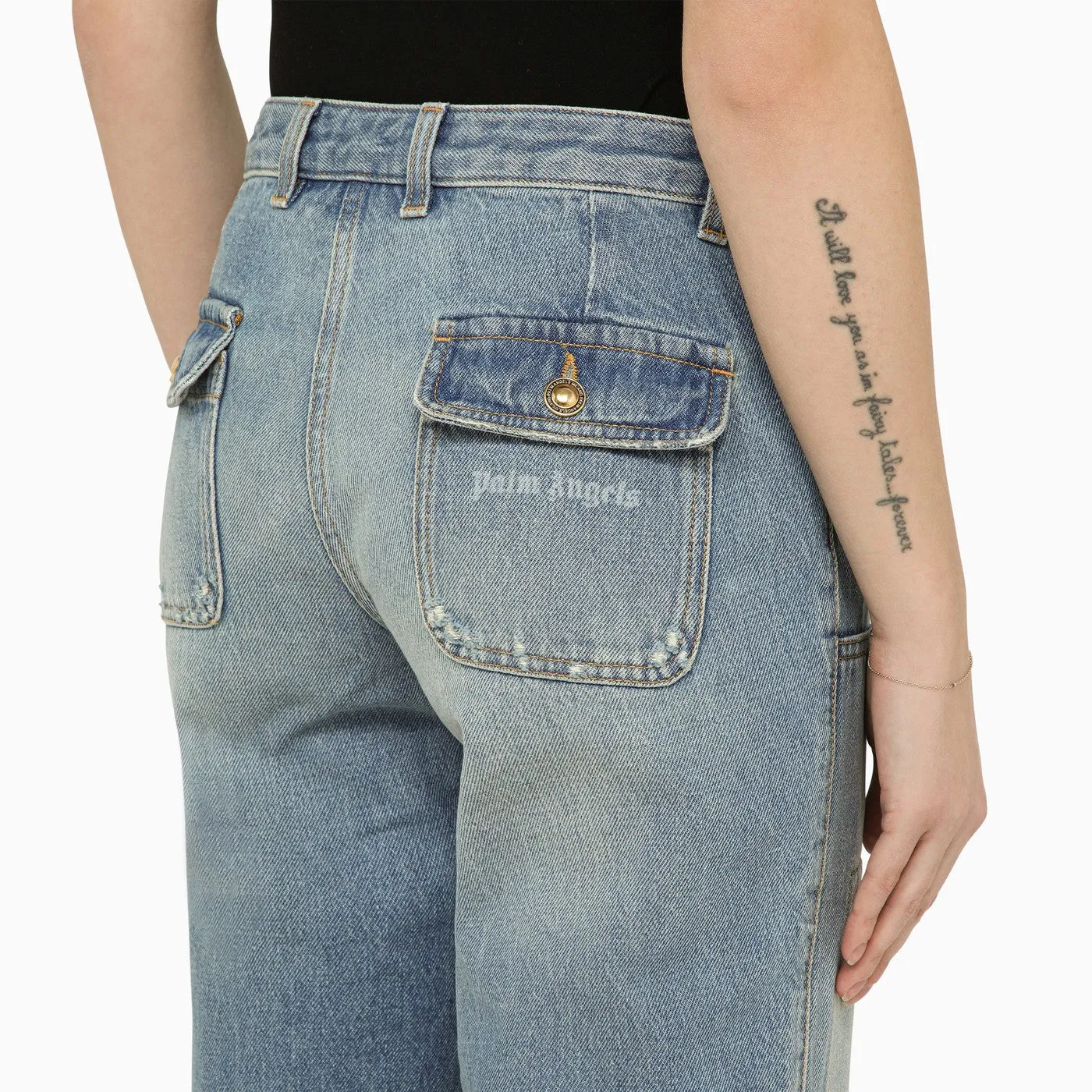 Palm Angels    Palm Angels Blue Washed Effect Multi Pocket Jeans In Denim