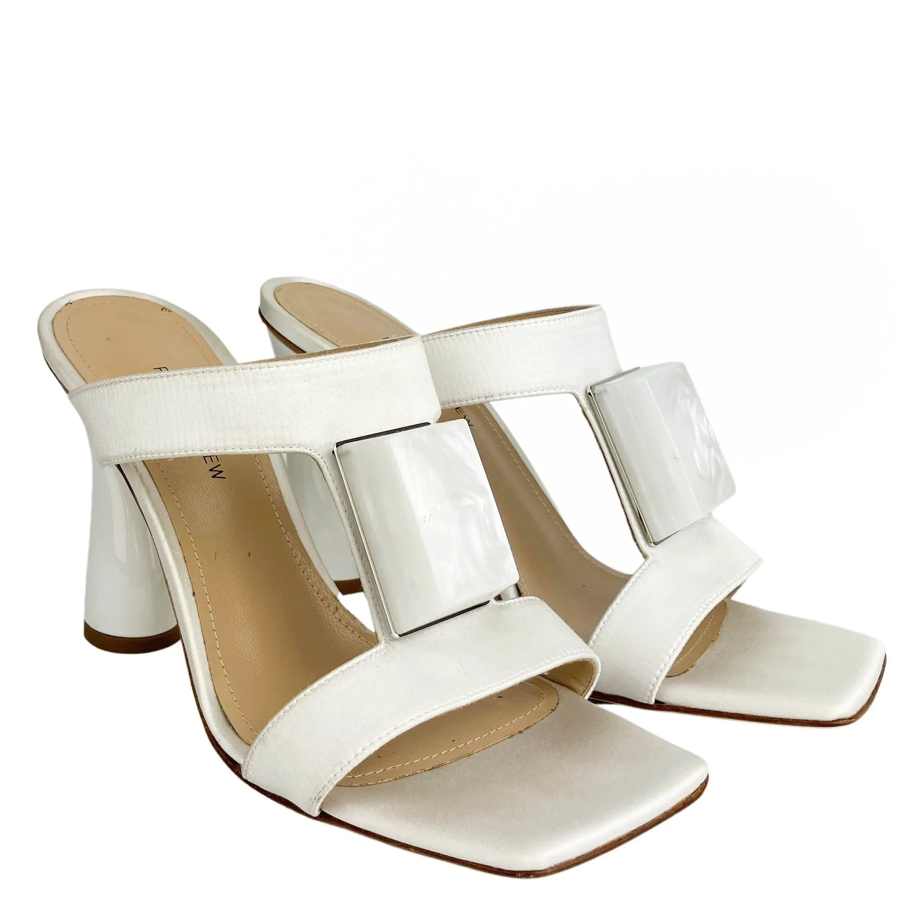 Paul Andrew Cube Satin Mules in White