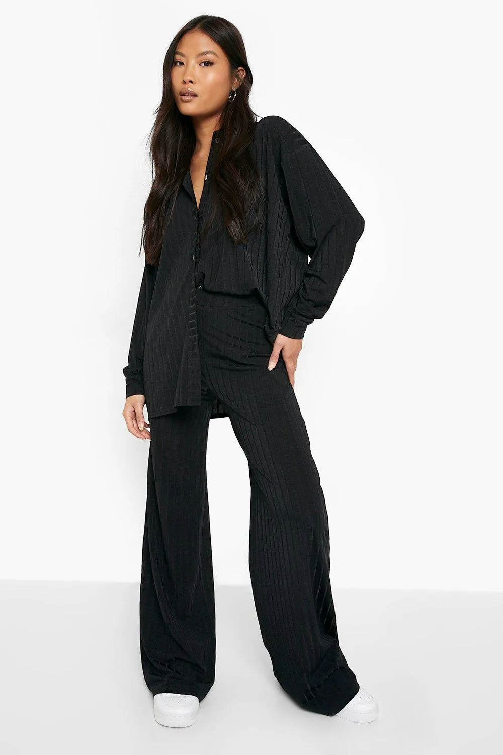 Petite Slinky Rib Relaxed Wide Leg Pants