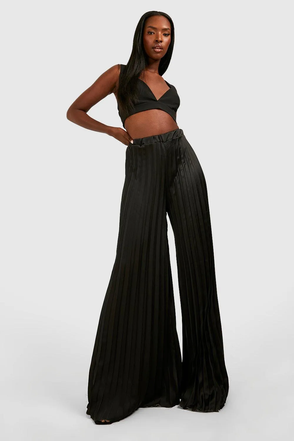 Pleated Satin Floor Length Wide Leg Pants