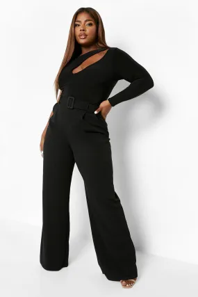 Plus Self Belt Tailored Wide Leg Pants