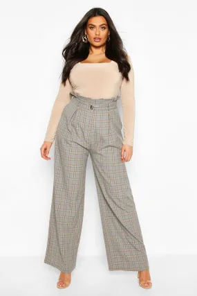 Plus Wide Leg Belted Check Pants