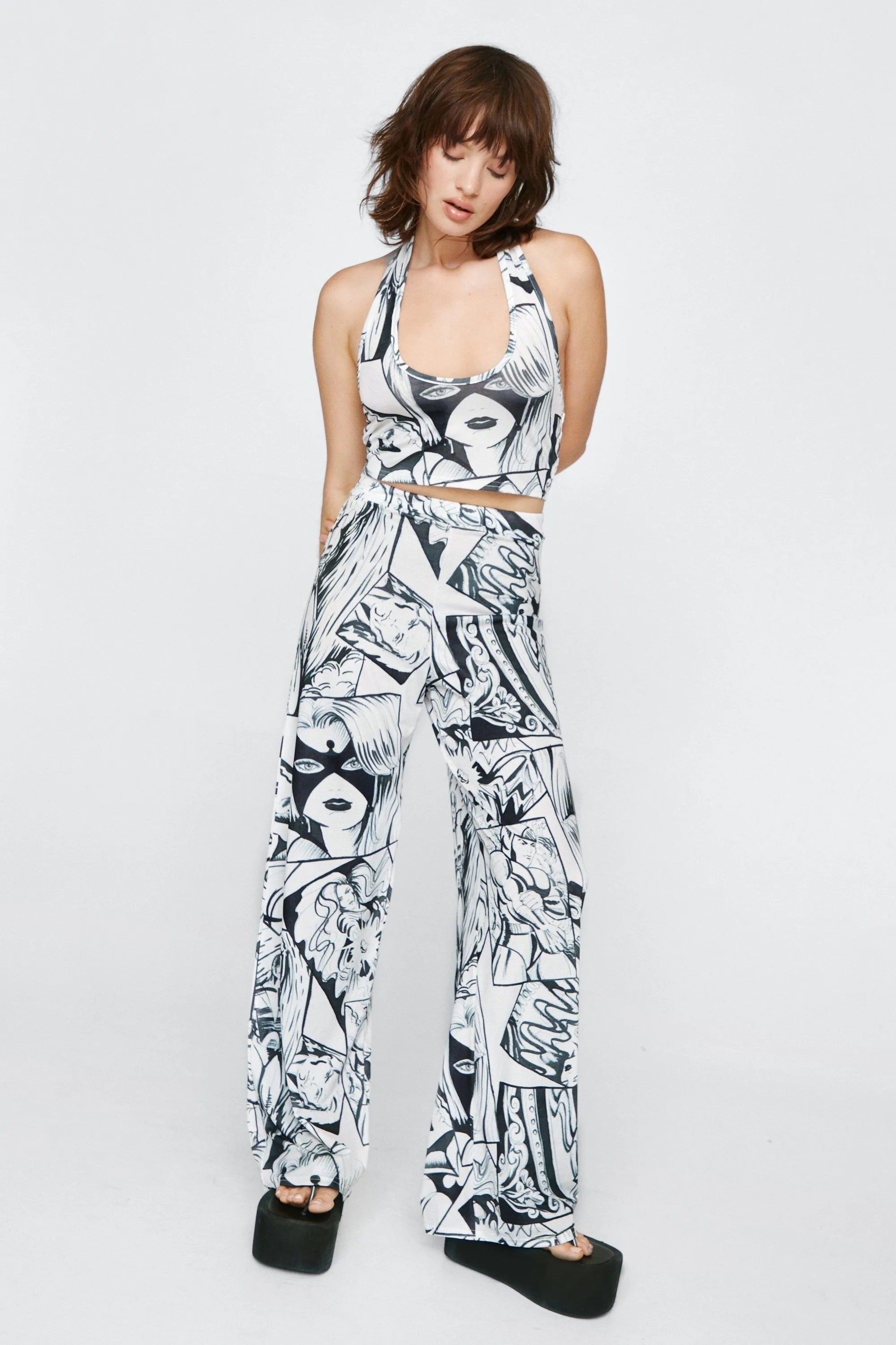 Printed Halter And Wide Leg Pants Set