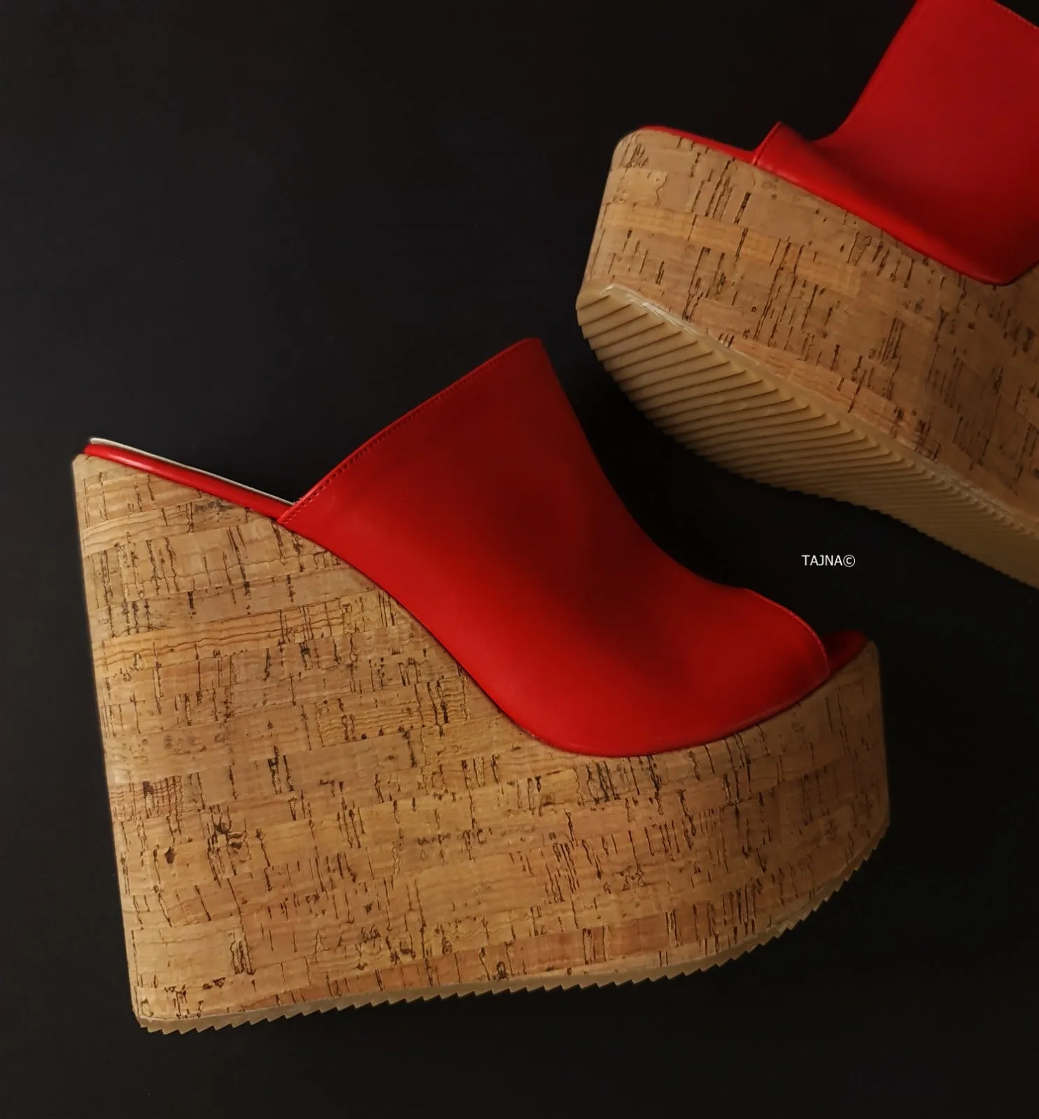 Red Cork Wedge Platform Mules