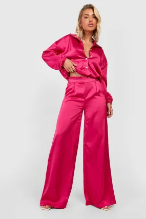 Satin Wide Leg Pants & Crop Shirt Two-Piece