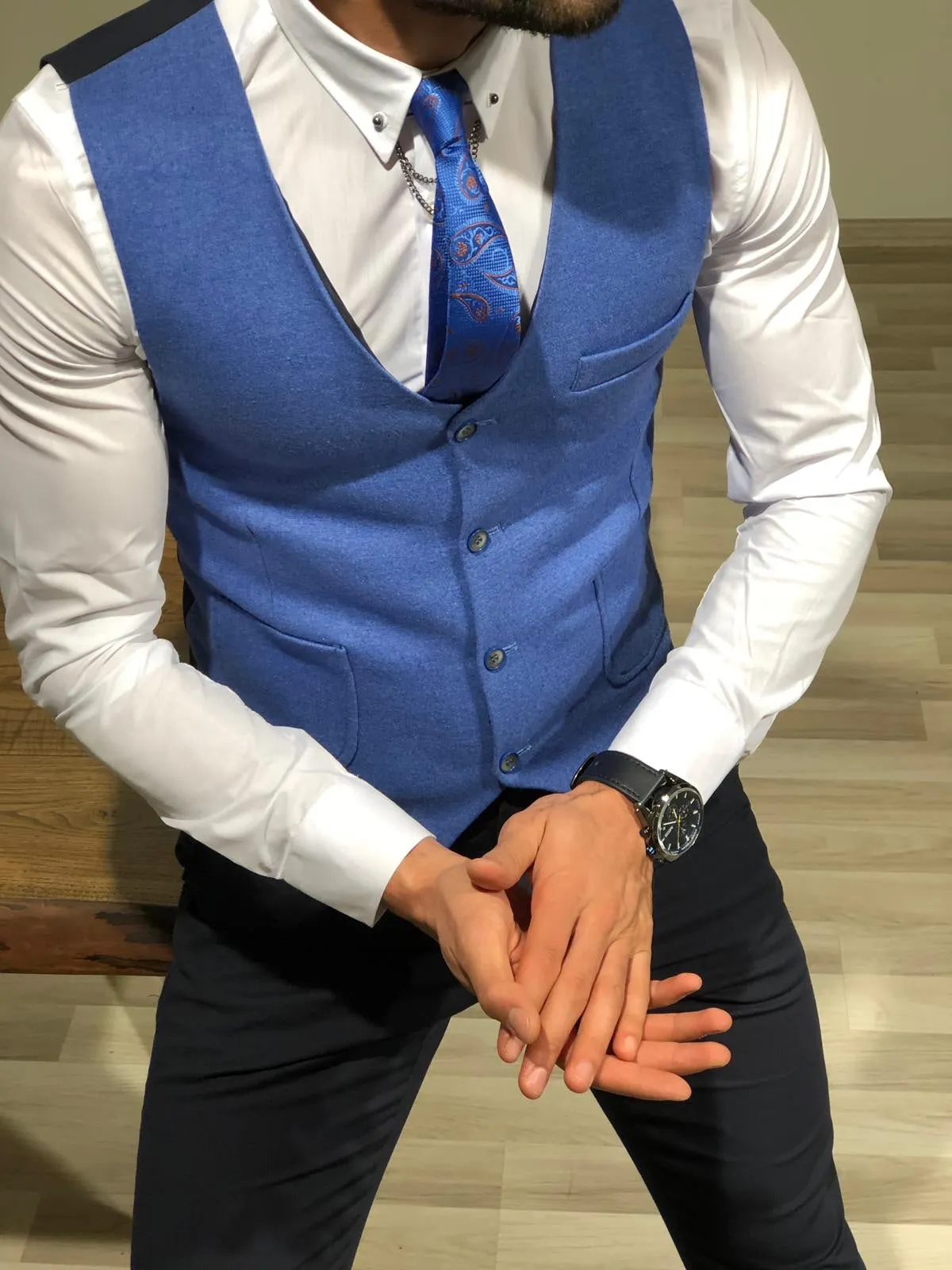 Slim-Fit Double  Breasted Vest Blue