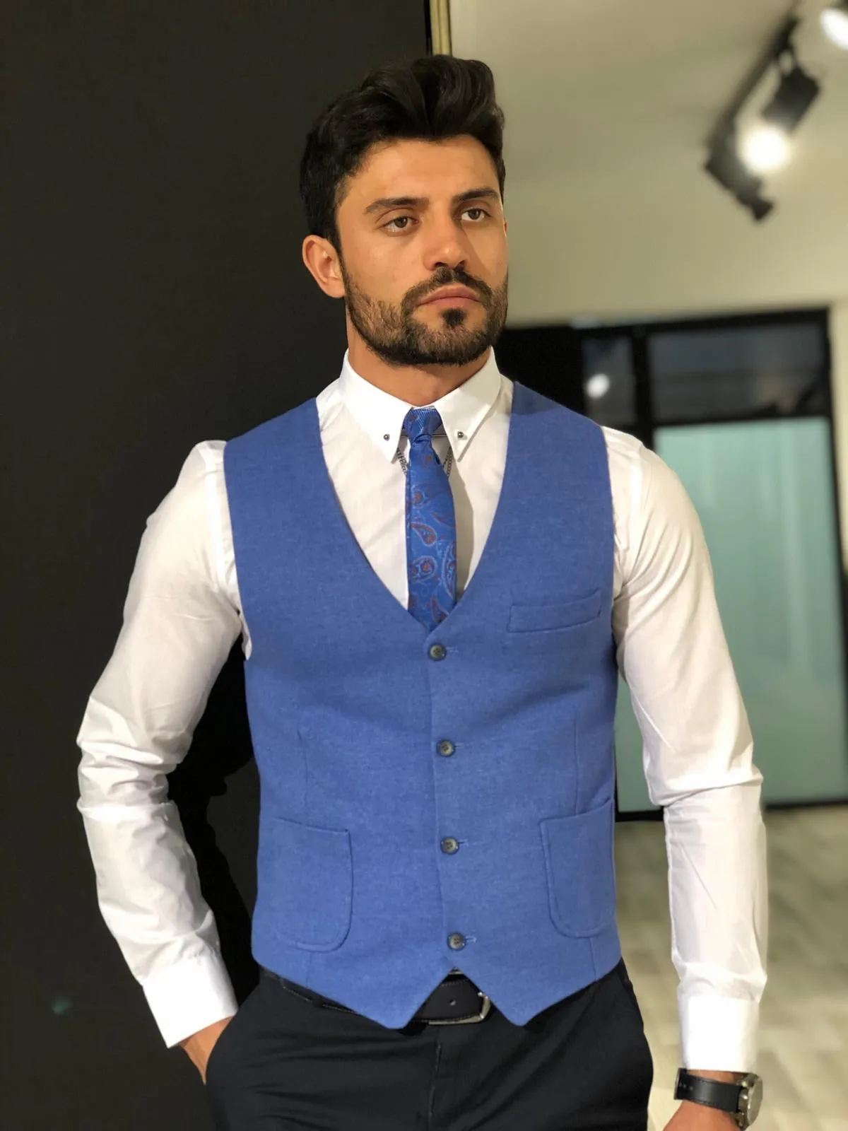 Slim-Fit Double  Breasted Vest Blue