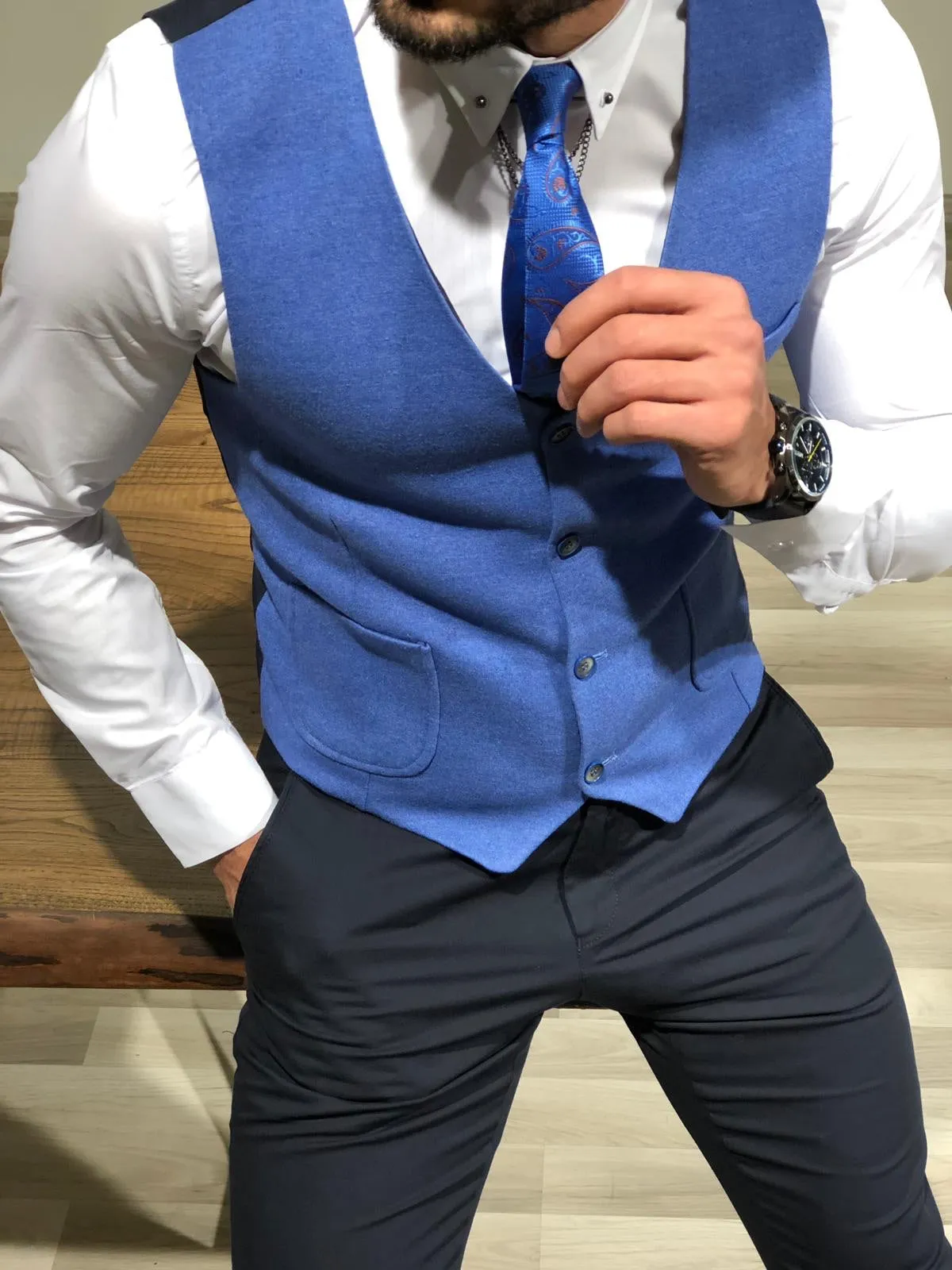 Slim-Fit Double  Breasted Vest Blue