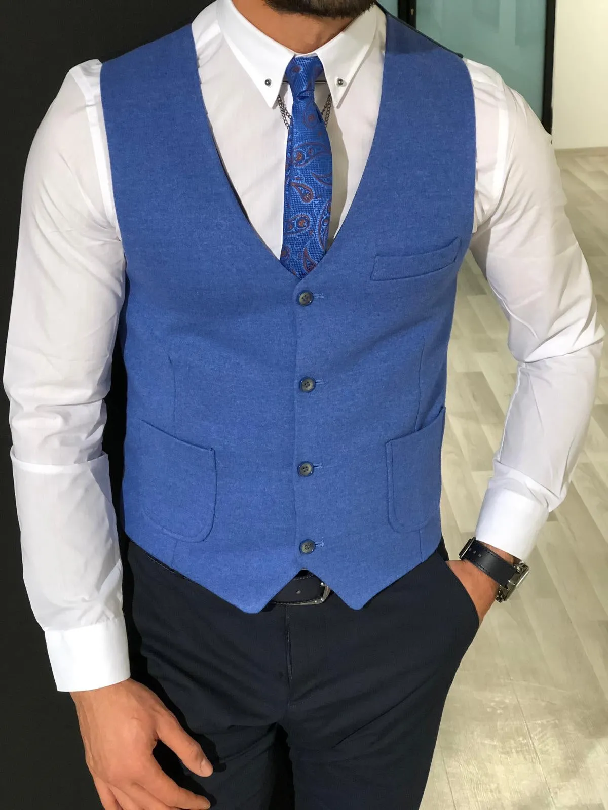 Slim-Fit Double  Breasted Vest Blue