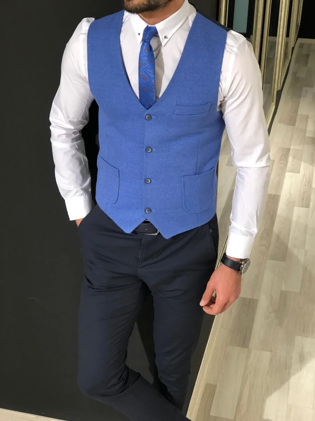 Slim-Fit Double  Breasted Vest Blue