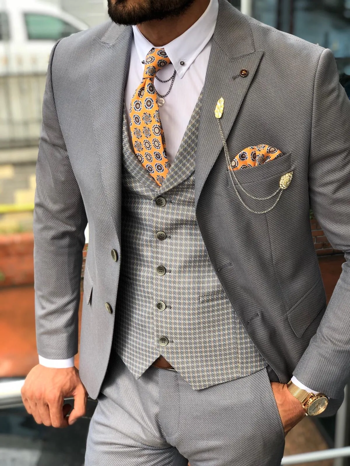 Slim-Fit Pattered Suit Vest Gray