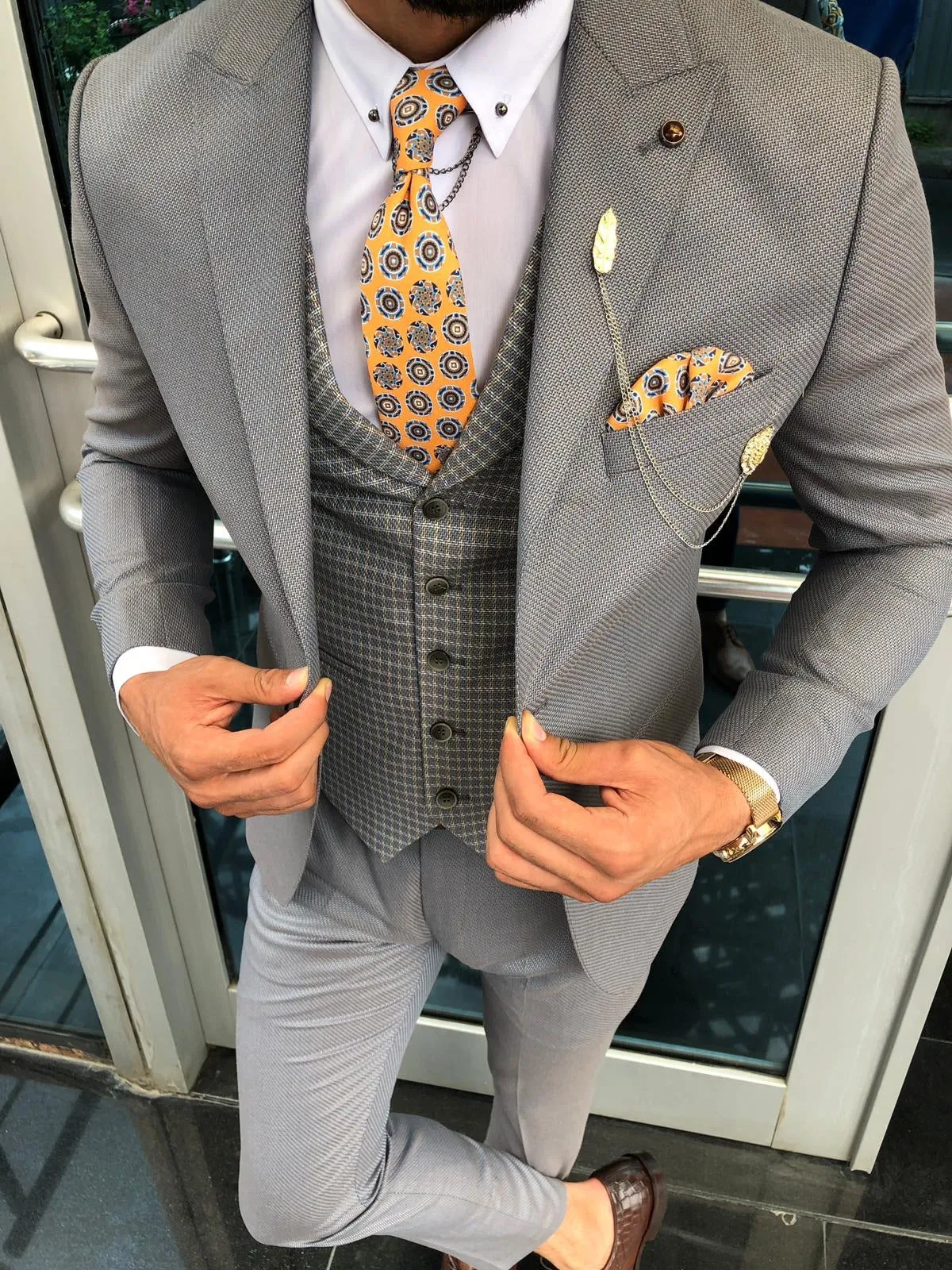 Slim-Fit Pattered Suit Vest Gray