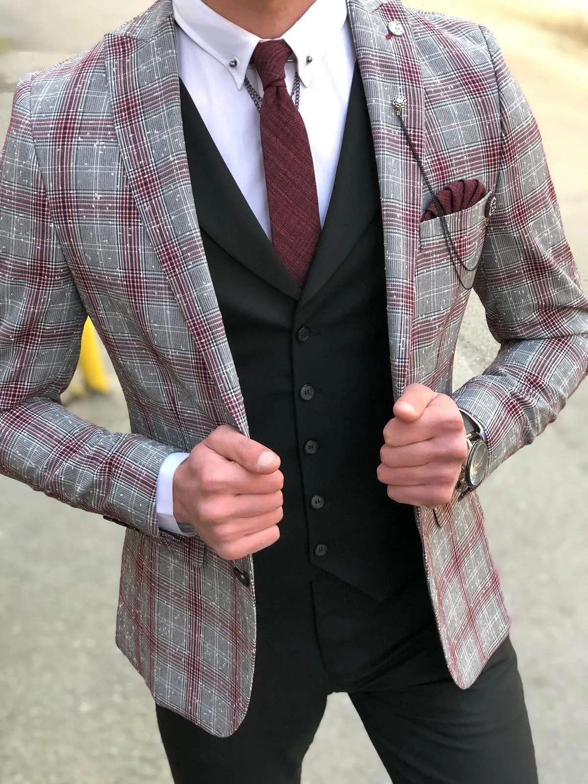 Slim-Fit Plaid  Suit Vest Black