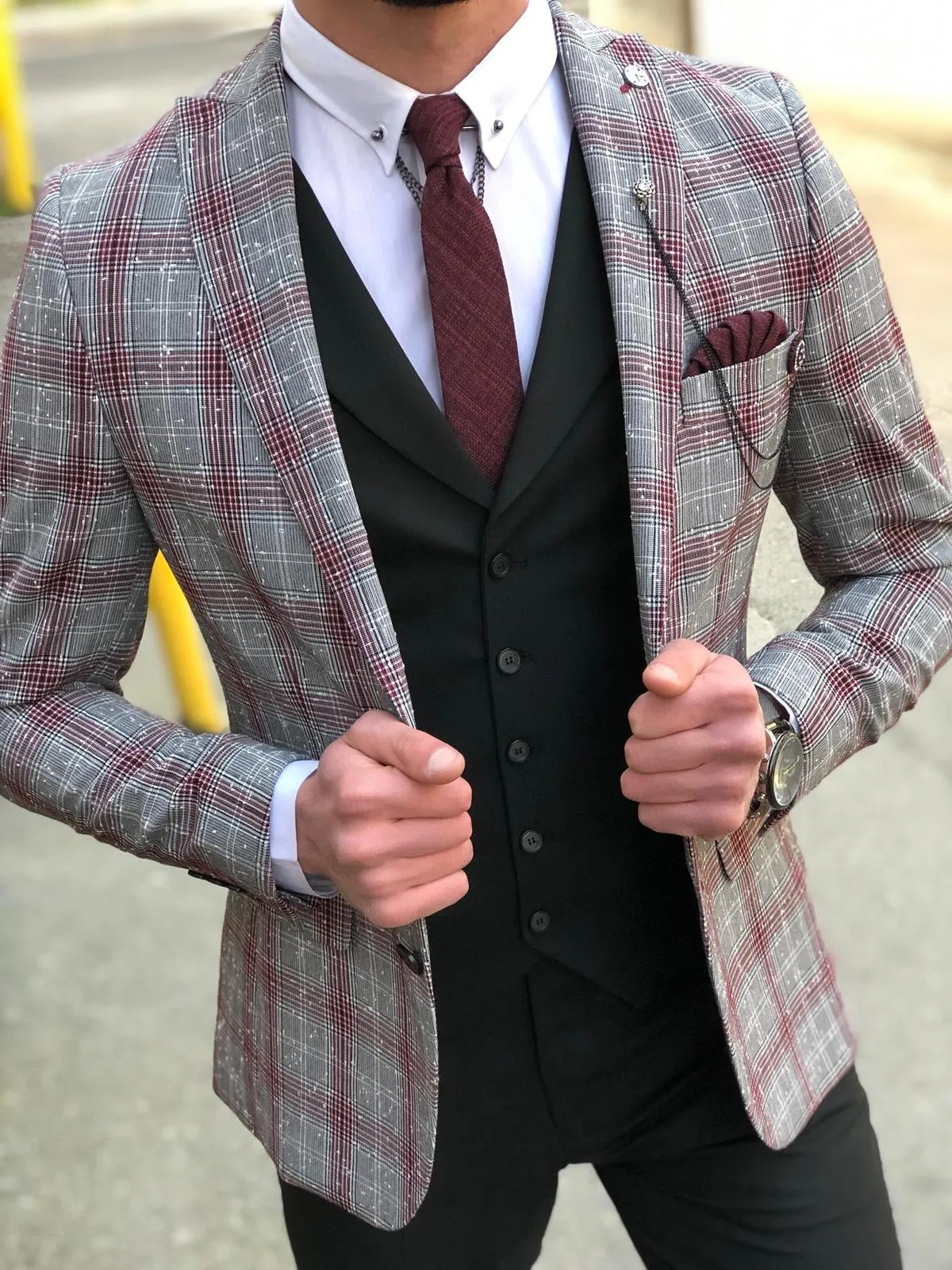 Slim-Fit Plaid  Suit Vest Black