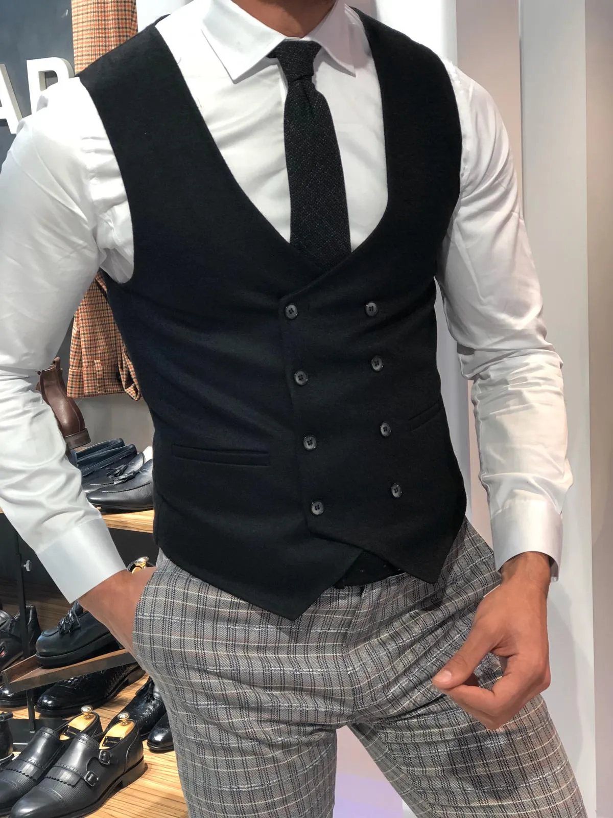 Slim-Fit Wool Double-Breasted Vest Black