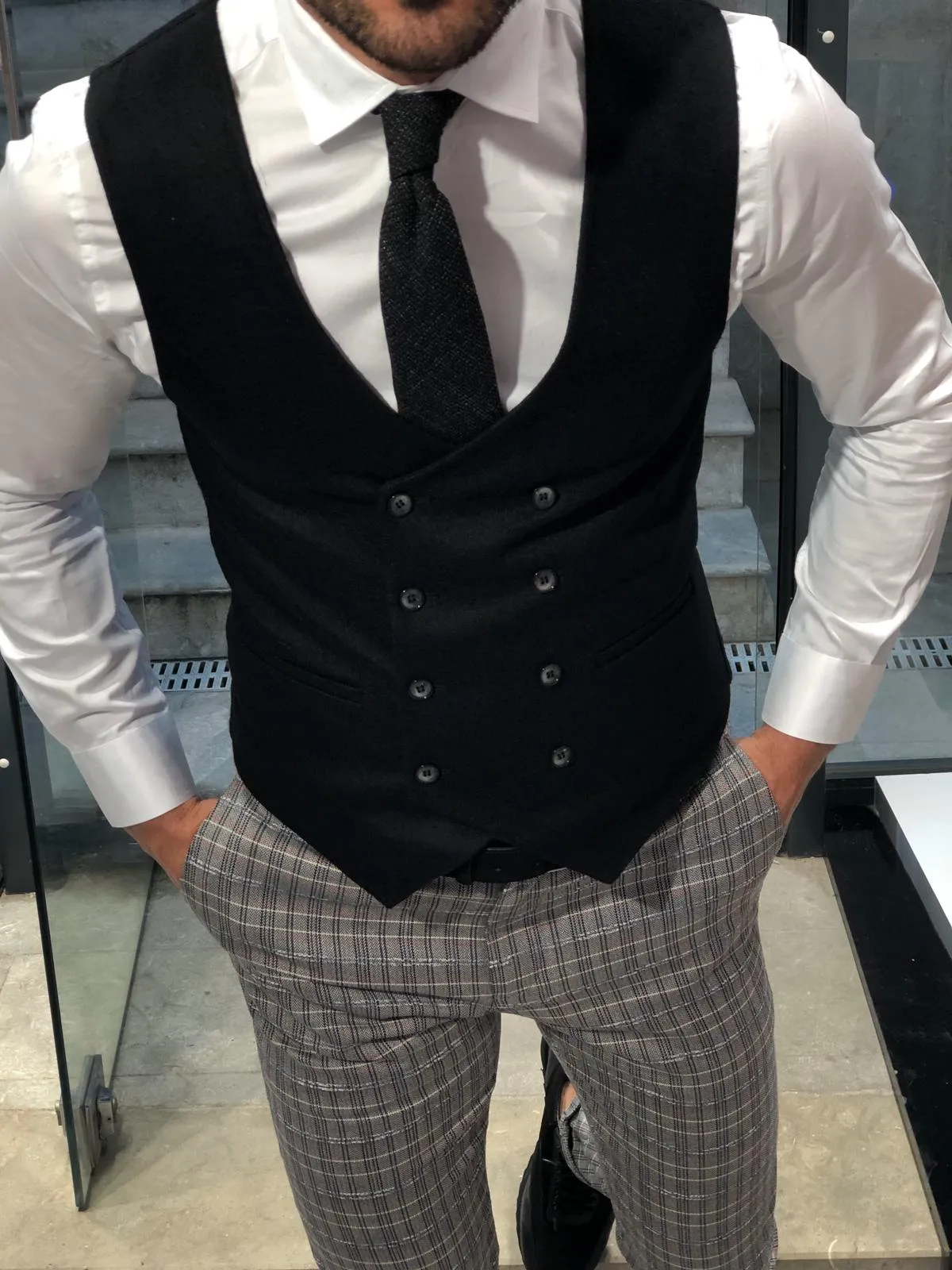 Slim-Fit Wool Double-Breasted Vest Black