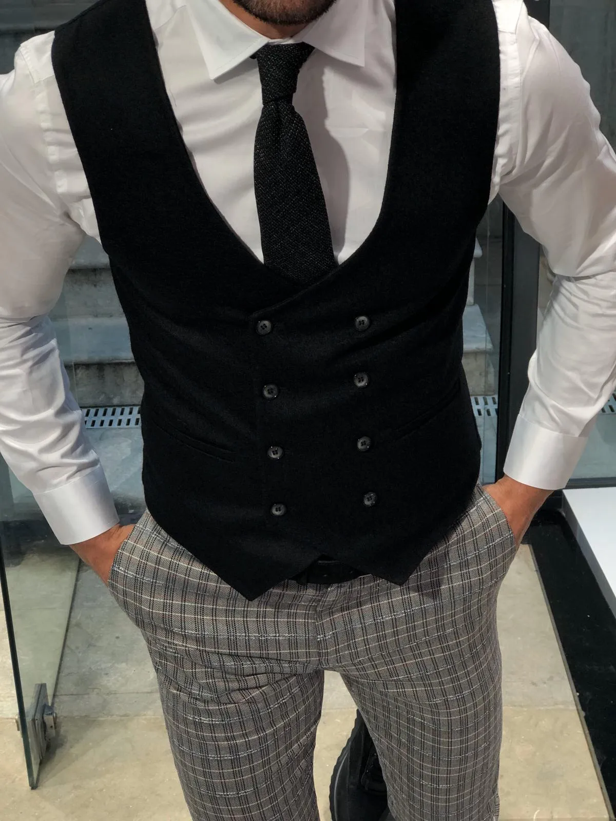 Slim-Fit Wool Double-Breasted Vest Black