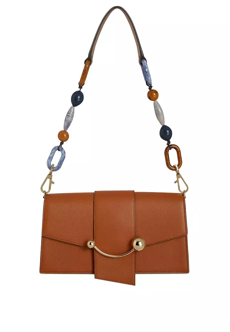 Strathberry MINI CRESCENT CROSSBODY BAG - BEADING STRAP LEATHER CHESTNUT