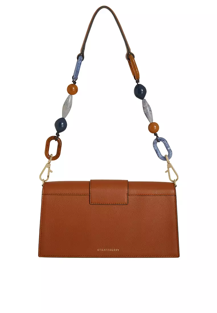 Strathberry MINI CRESCENT CROSSBODY BAG - BEADING STRAP LEATHER CHESTNUT