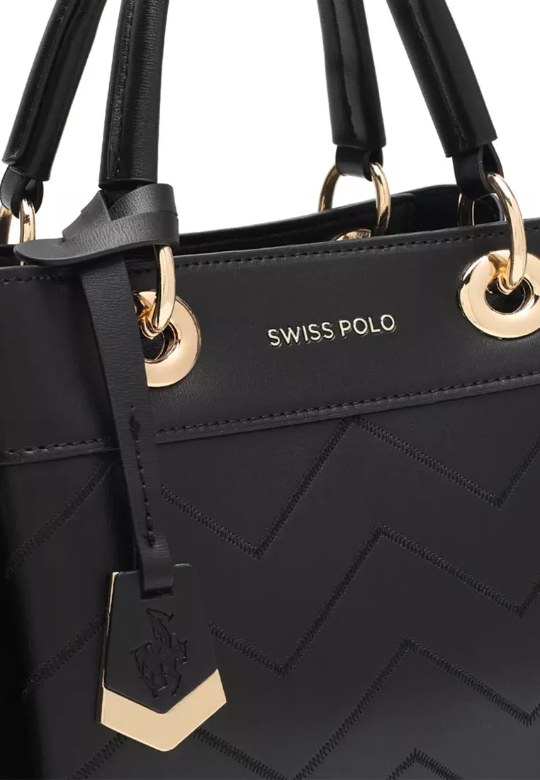 Swiss Polo Women's Zig Zag Quilted Top Handle Bag / Crossbody Bag / Shoulder Bag - Black