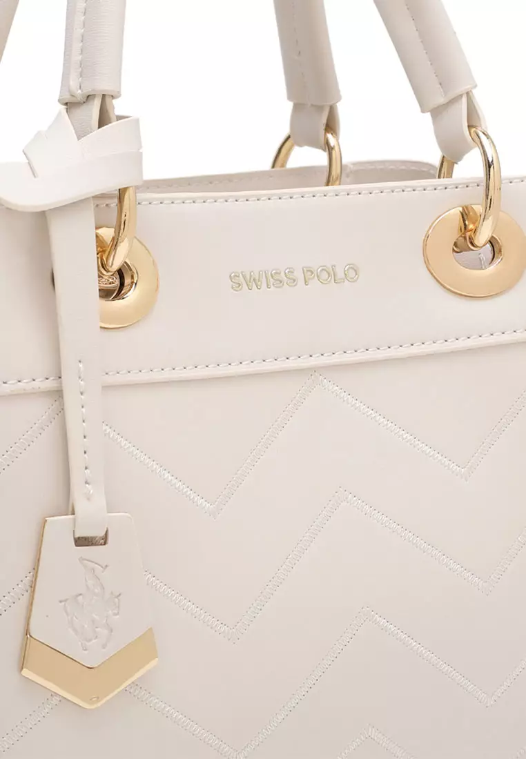 Swiss Polo Women's Zig Zag Quilted Top Handle Bag / Crossbody Bag / Shoulder Bag - White