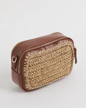 Tan Detail Raffia Camera Bag