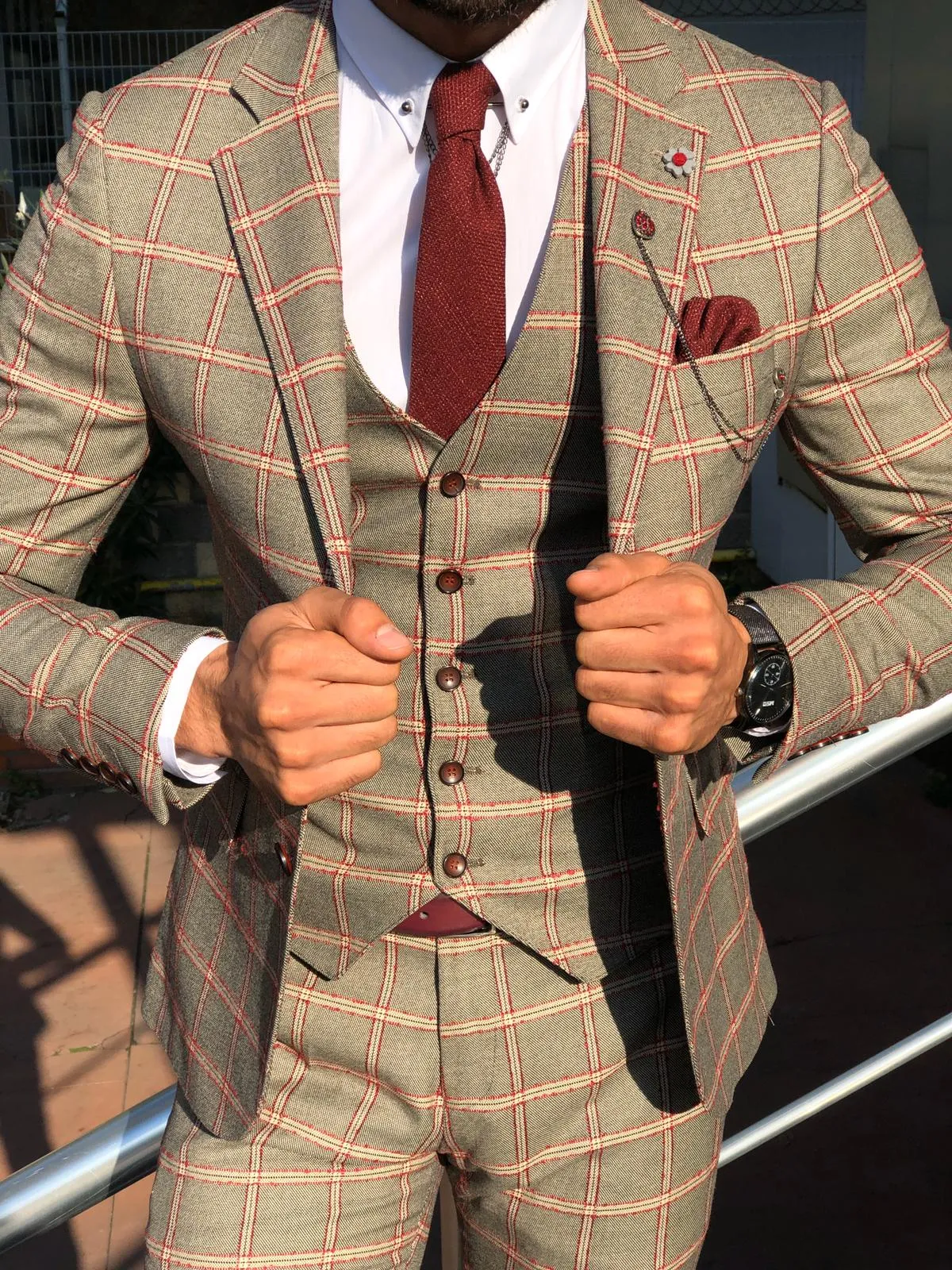 Toni Slim-Fit Plaid Suit Vest BURGUNDY