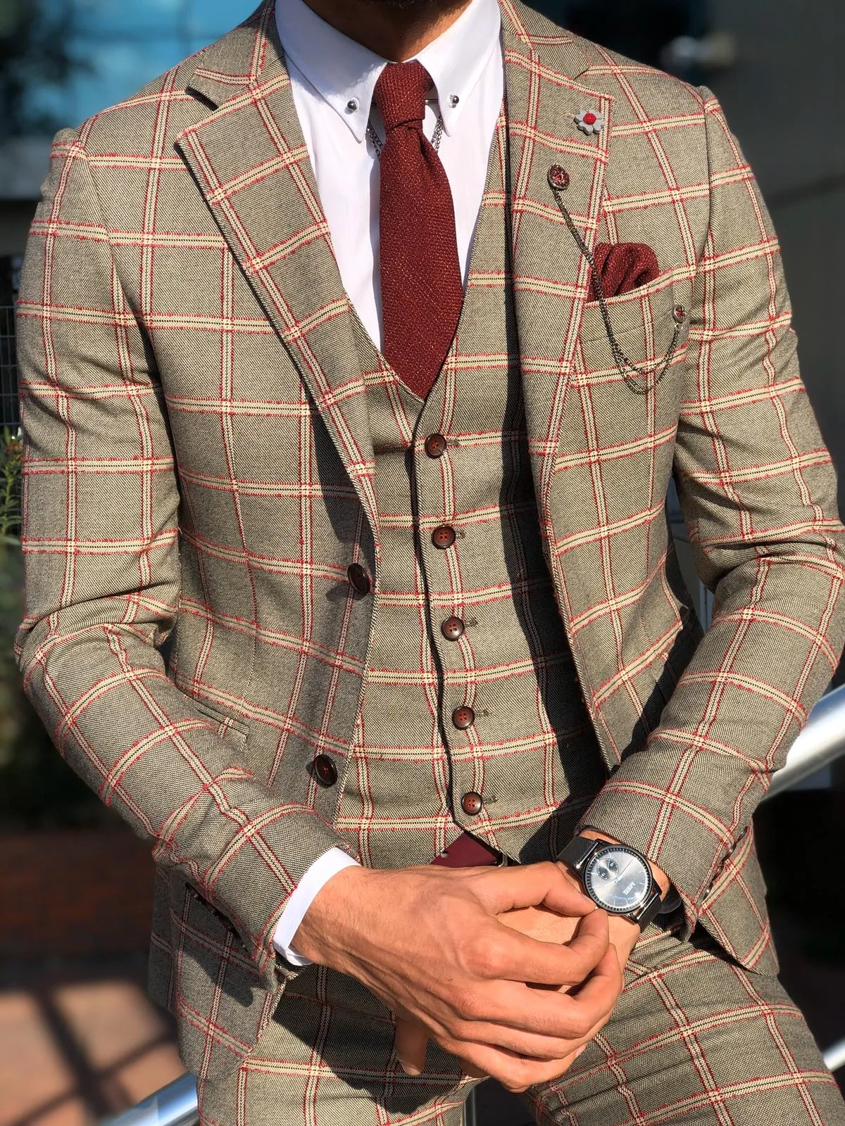 Toni Slim-Fit Plaid Suit Vest BURGUNDY