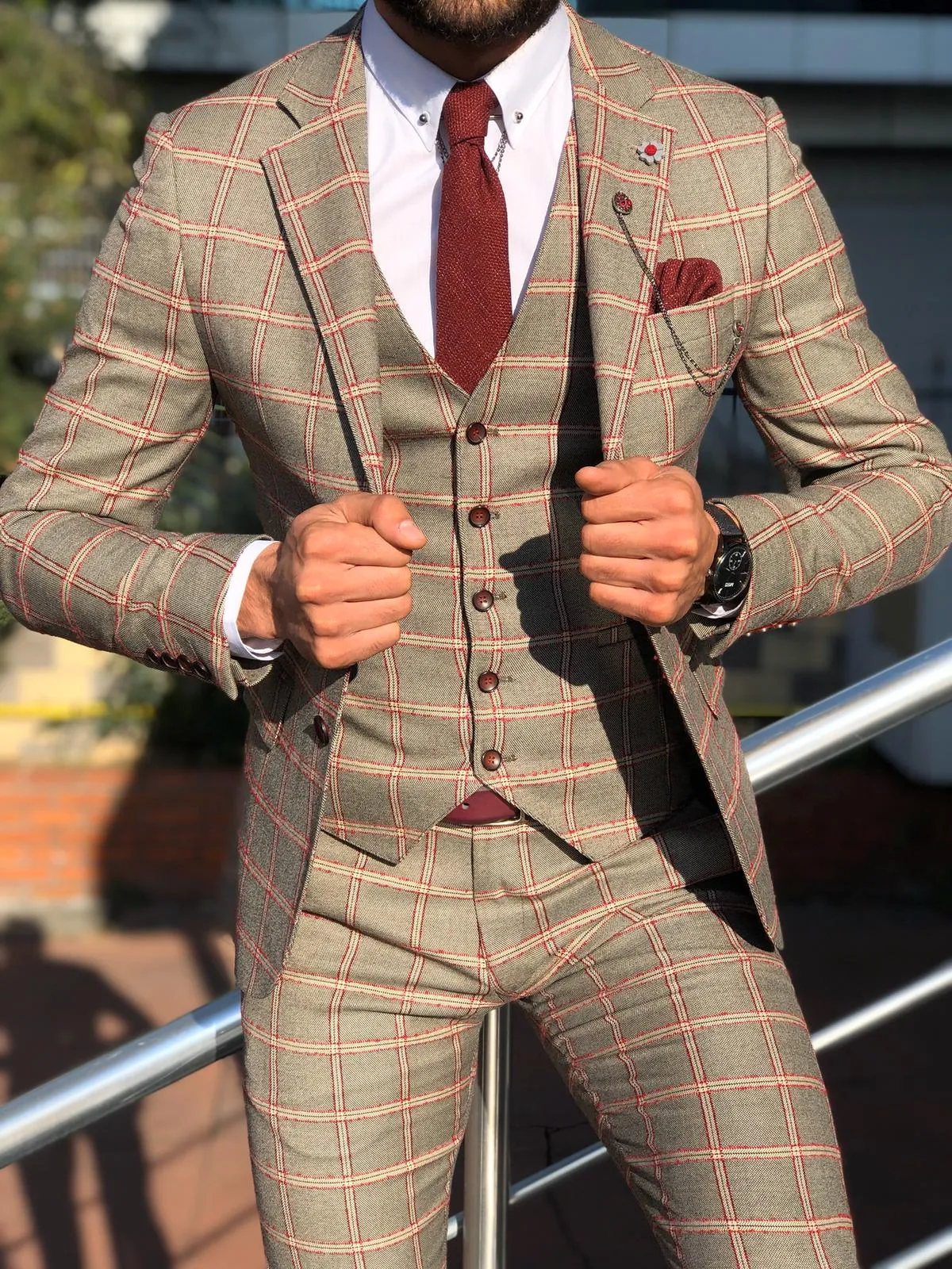 Toni Slim-Fit Plaid Suit Vest BURGUNDY