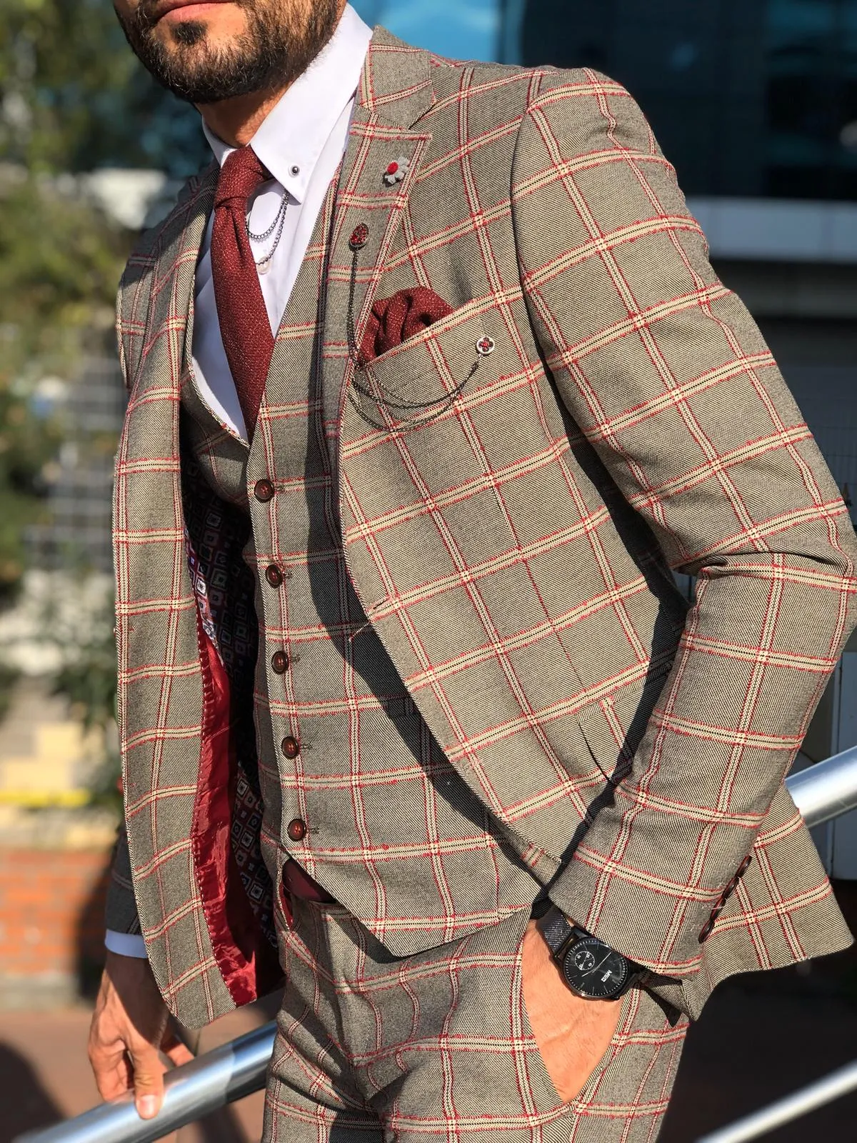 Toni Slim-Fit Plaid Suit Vest BURGUNDY