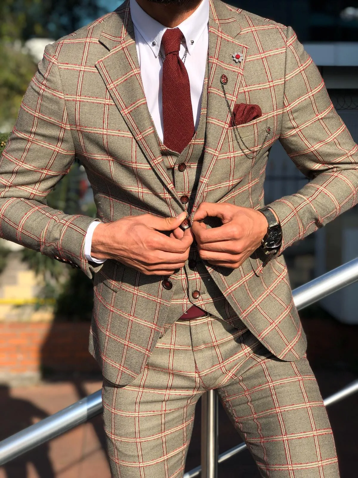 Toni Slim-Fit Plaid Suit Vest BURGUNDY