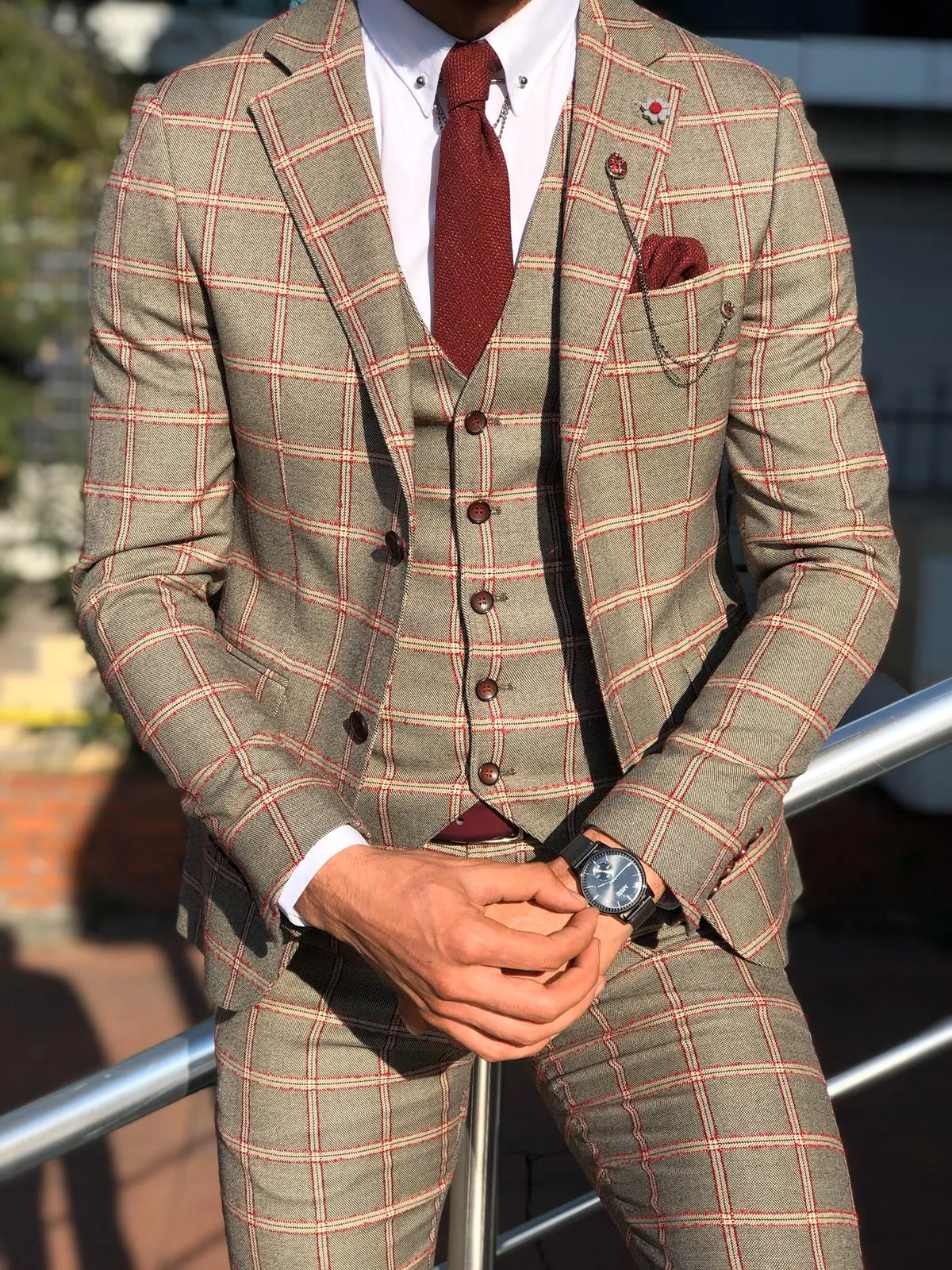 Toni Slim-Fit Plaid Suit Vest BURGUNDY