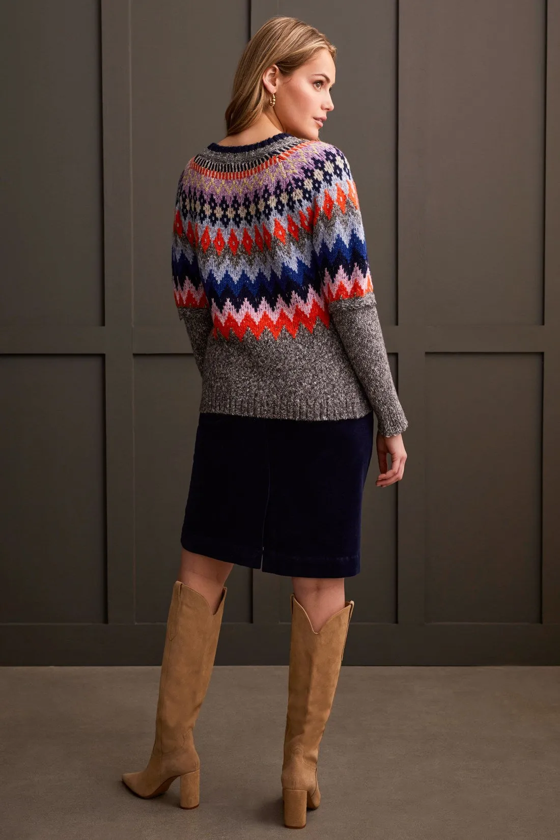 Tribal Gray Mix Ground Intarsia Ribbed Sweater