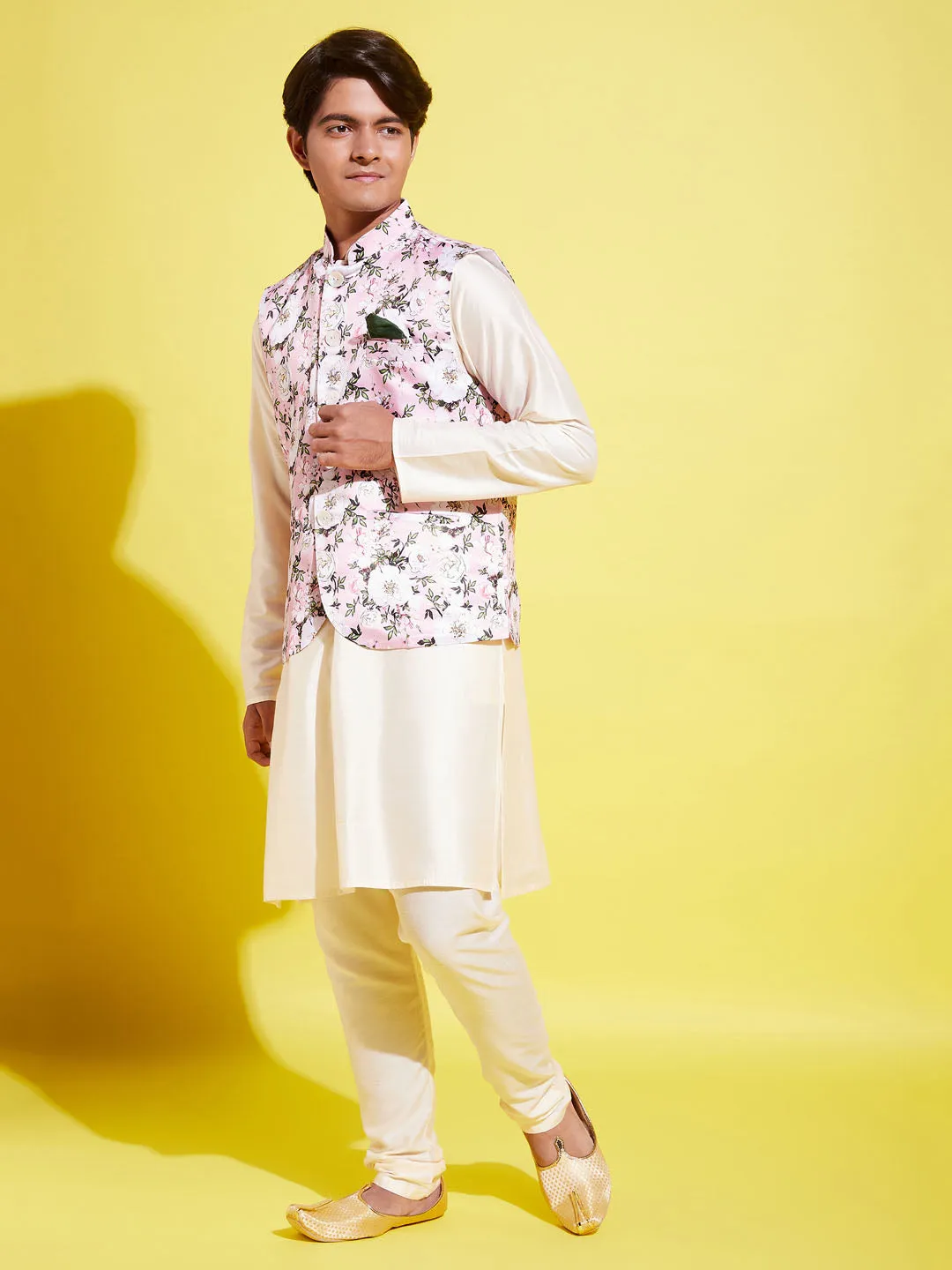 VASTRAMAY Boys Pink Floral Printed Nehru Jacket With Cream Kurta And Pyjama Set