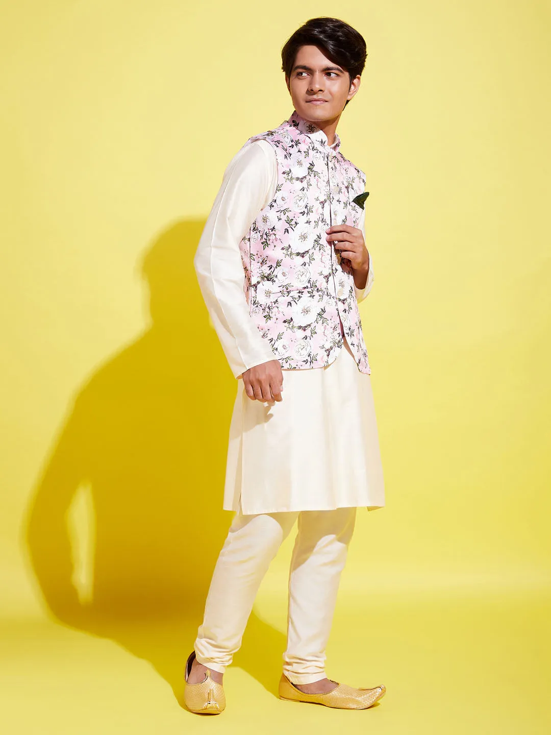 VASTRAMAY Boys Pink Floral Printed Nehru Jacket With Cream Kurta And Pyjama Set