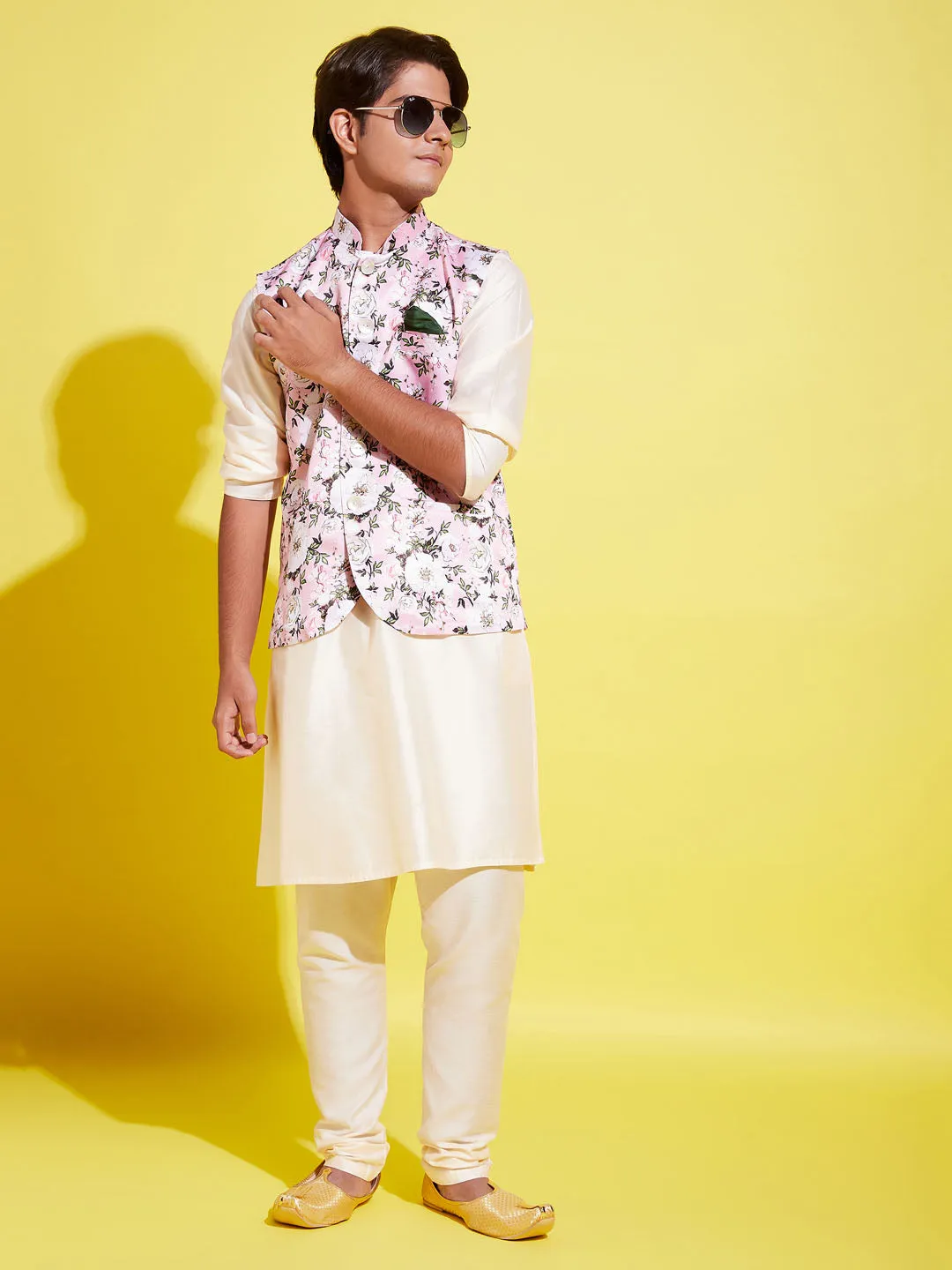 VASTRAMAY Boys Pink Floral Printed Nehru Jacket With Cream Kurta And Pyjama Set