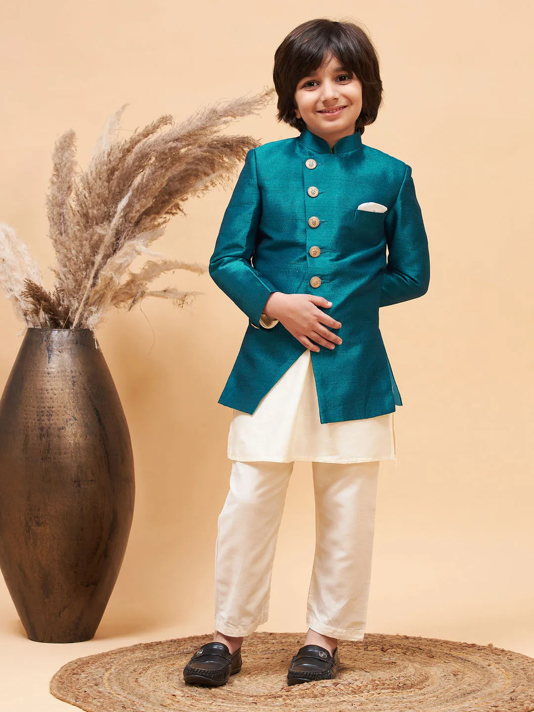 VASTRAMAY Boy's Turquoise Indo Western Jacket With Cream Kurta And Pyjama Set