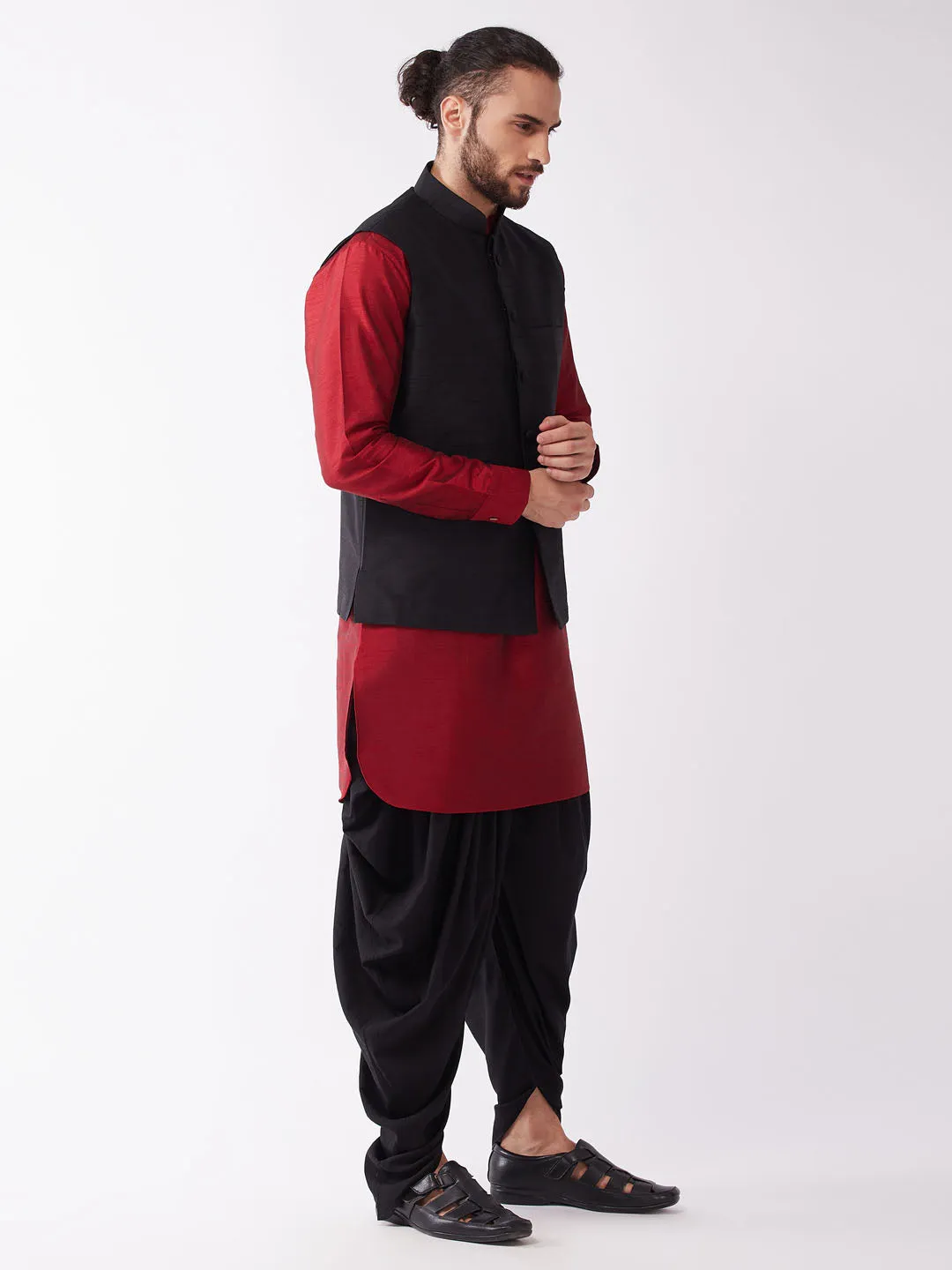 VASTRAMAY Men's Black And Maroon Silk Blend Ethnic Jacket, Kurta and Dhoti Set