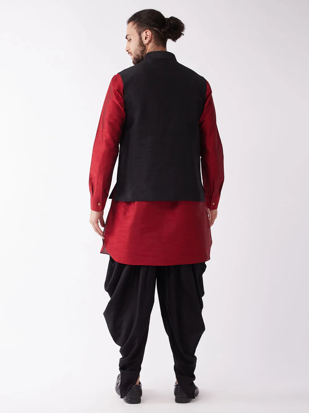 VASTRAMAY Men's Black And Maroon Silk Blend Ethnic Jacket, Kurta and Dhoti Set