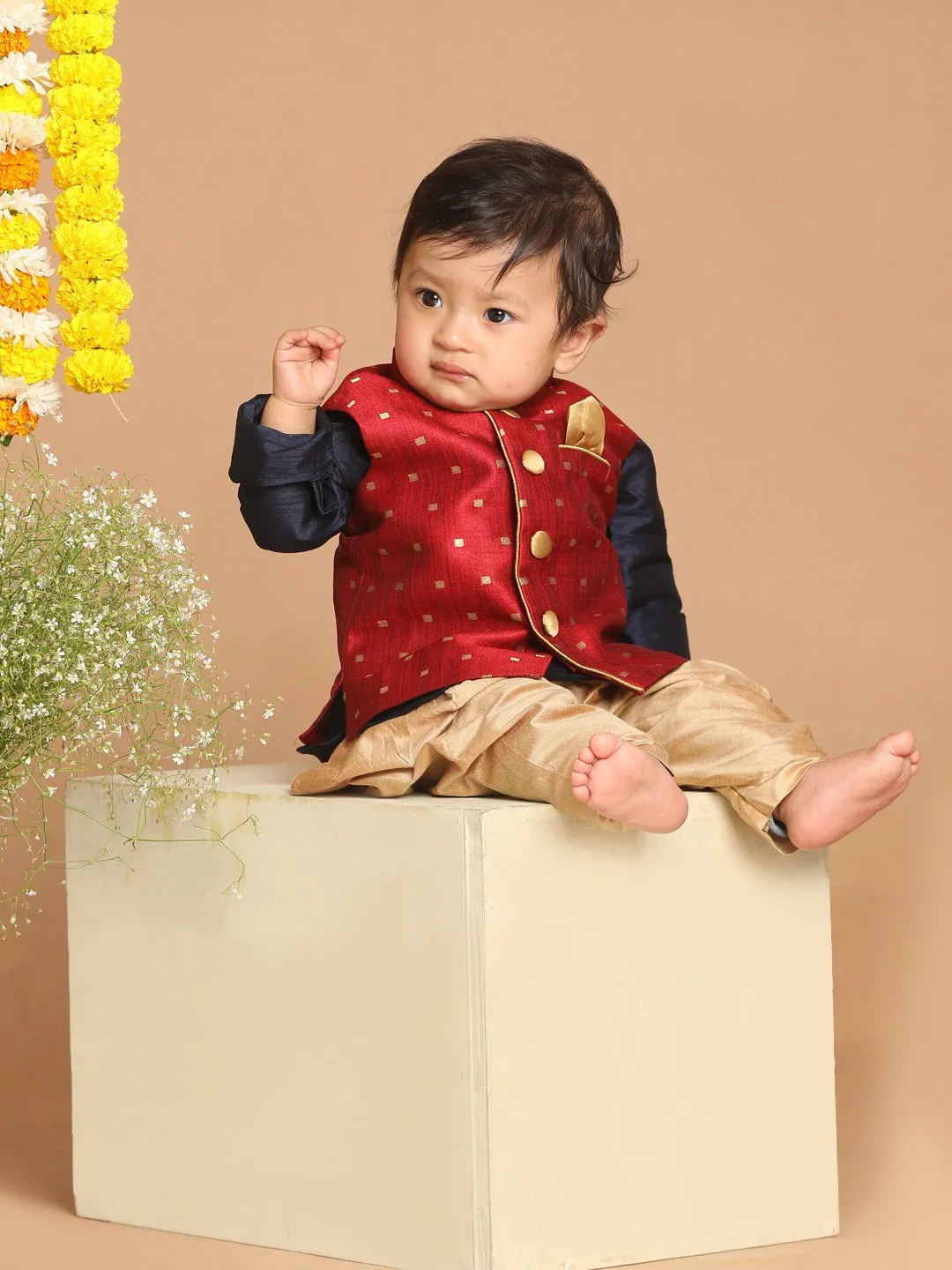 VASTRAMAY SISHU Boy's Navy Blue Kurta with Rose Gold Dhoti Pants & Maroon Nehru Jacket