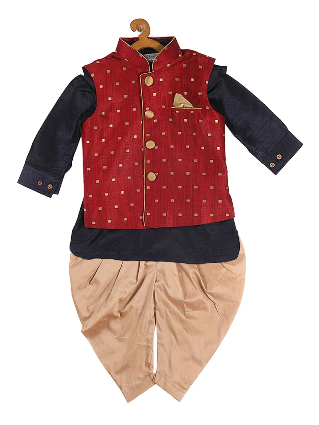 VASTRAMAY SISHU Boy's Navy Blue Kurta with Rose Gold Dhoti Pants & Maroon Nehru Jacket