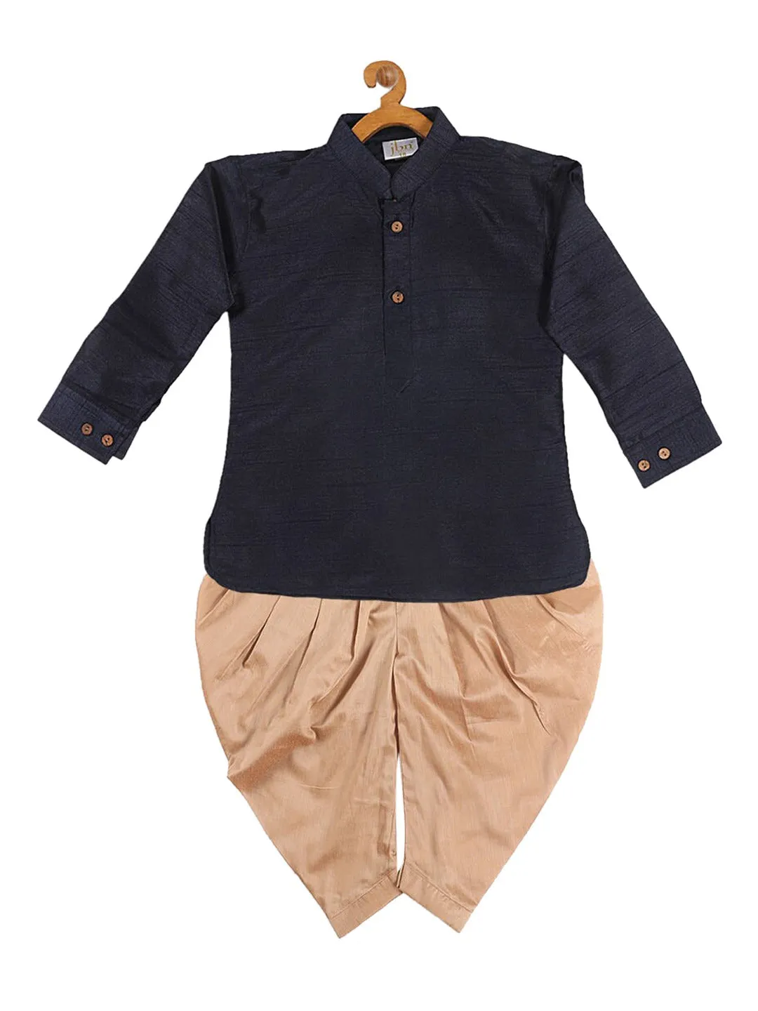 VASTRAMAY SISHU Boy's Navy Blue Kurta with Rose Gold Dhoti Pants & Maroon Nehru Jacket