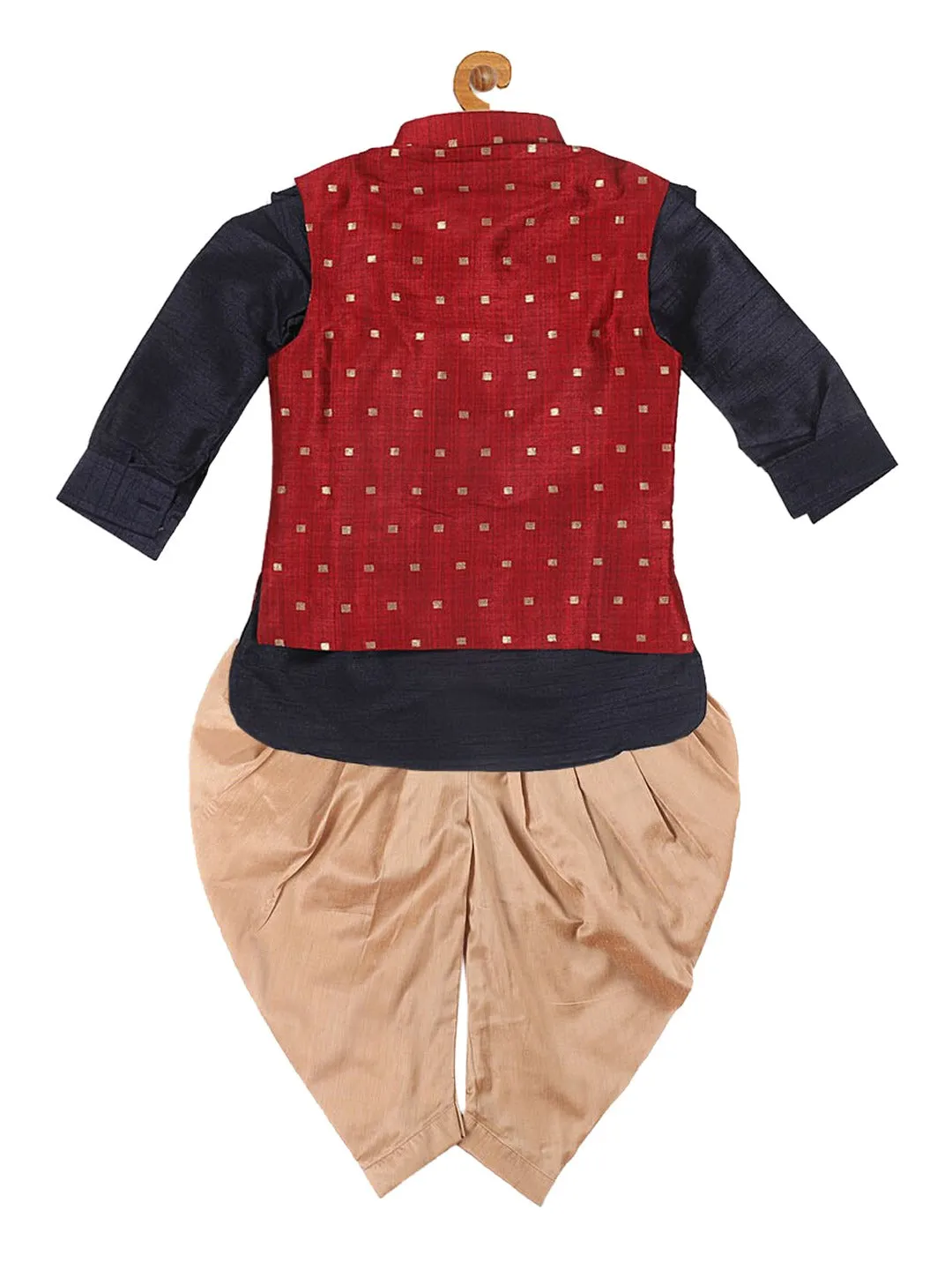 VASTRAMAY SISHU Boy's Navy Blue Kurta with Rose Gold Dhoti Pants & Maroon Nehru Jacket