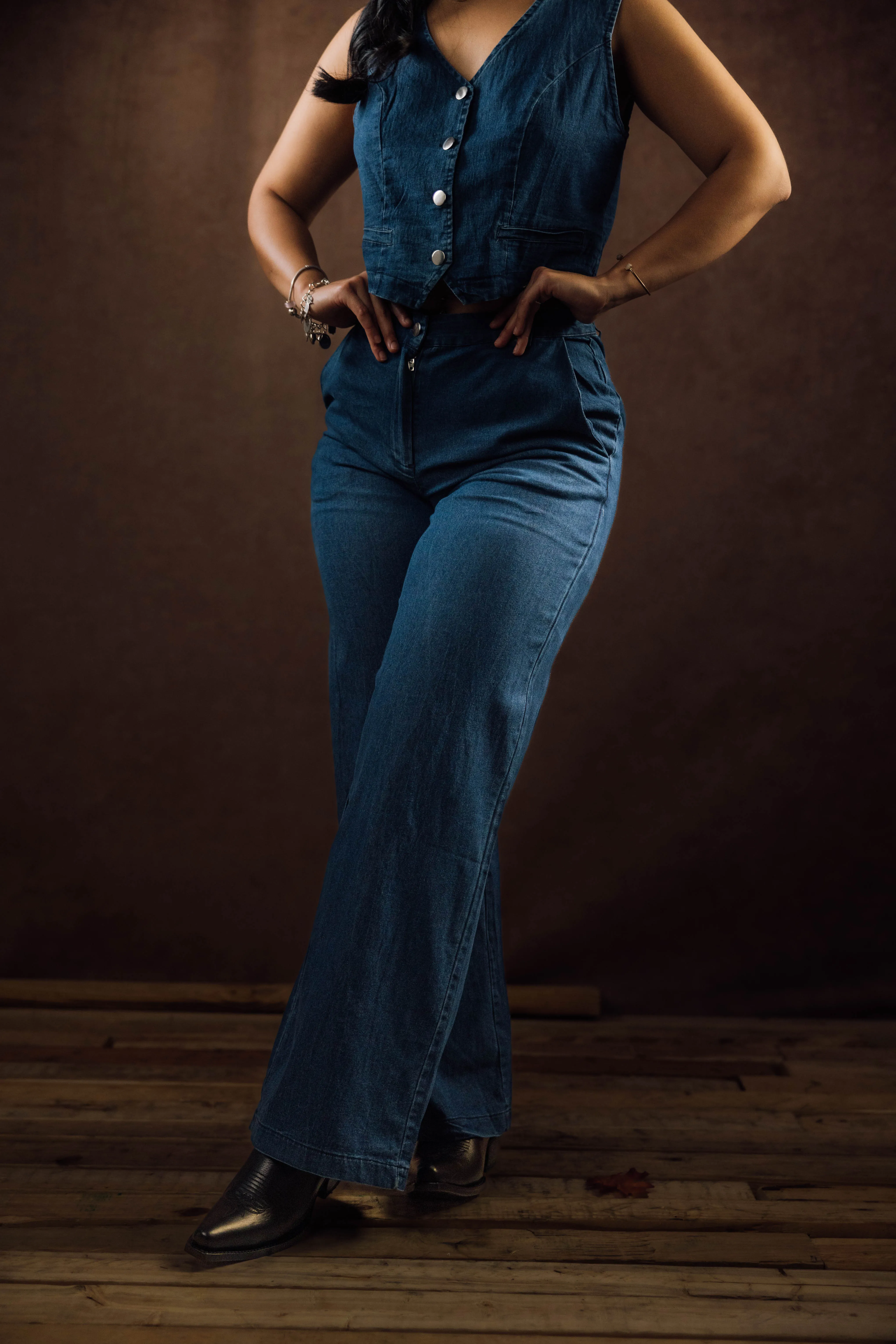 Wide Leg Denim Pants and Vest Set