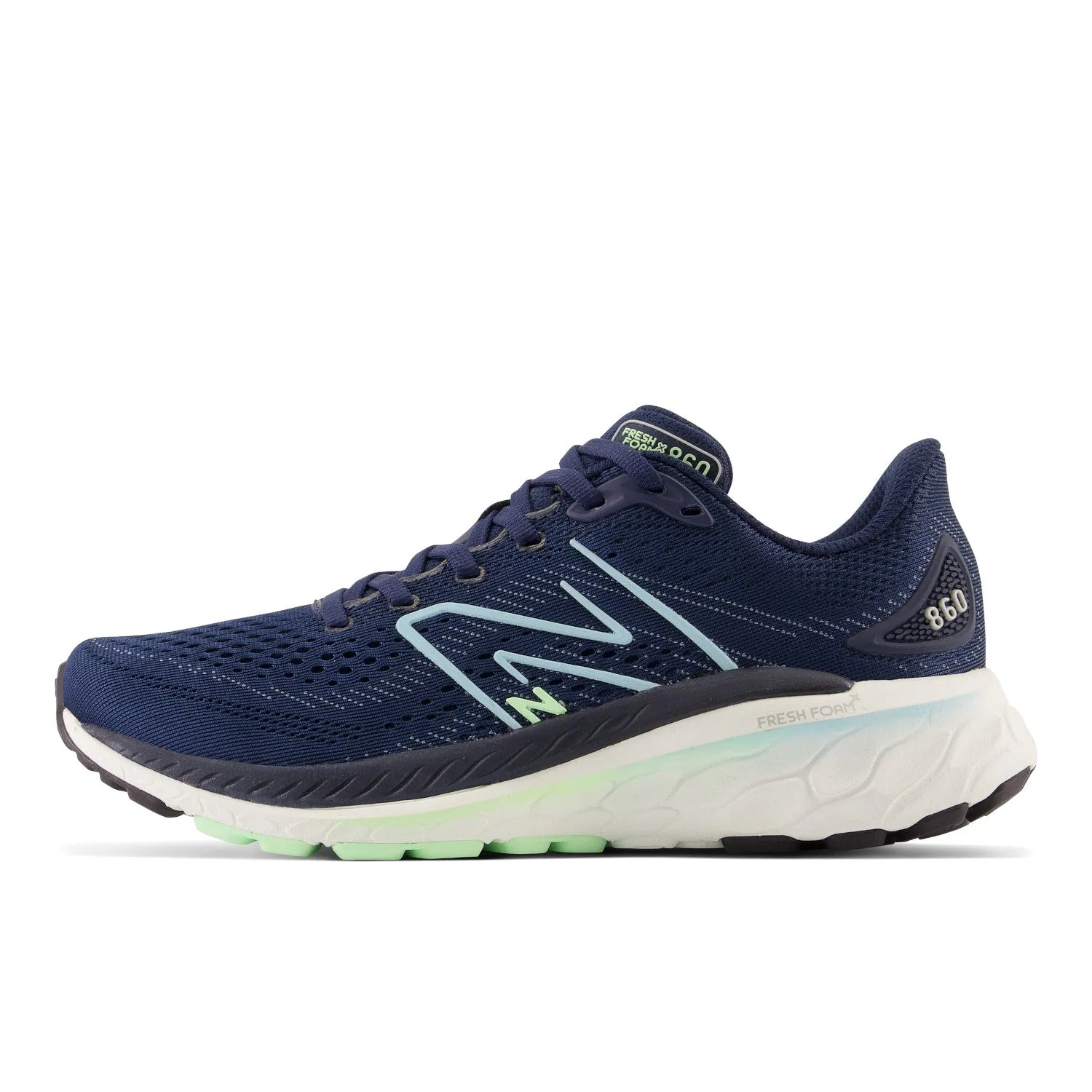 Women's New Balance Fresh Foam X 860v13 Color: Nb Navy with Bleach Blue and Green Aura