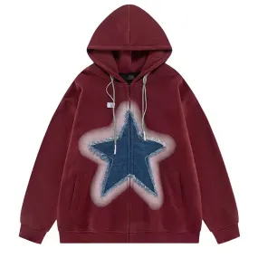 Y2K Denim Star Zip Up Hoodie