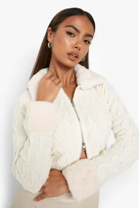 Zig Zag Knit Faux Fur Trim Cardigan